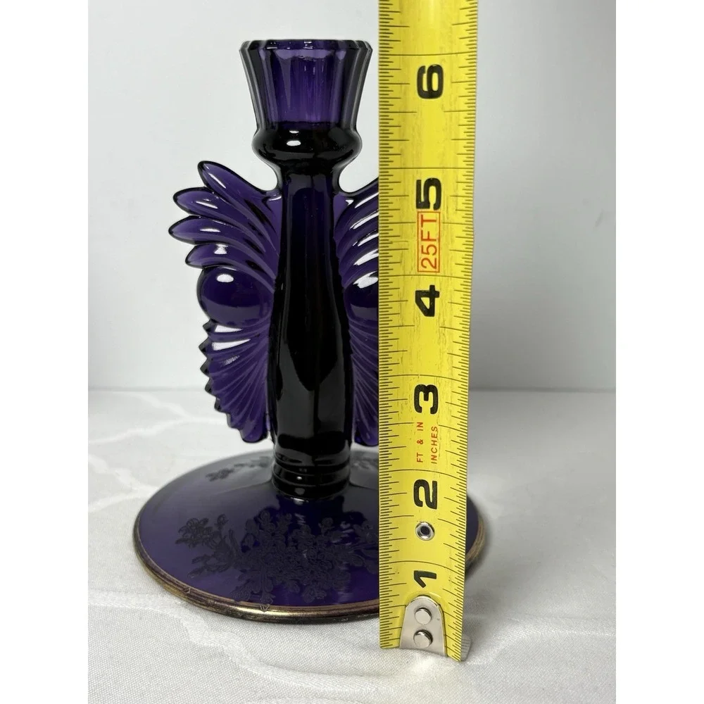 2 VTG Paden City Purple Amethyst Glass Art Deco Candlesticks Maya Ardith Etching
